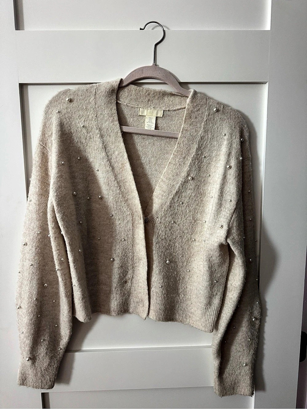 H&M Pearl-Embellished Knit Cardigan Beige XS